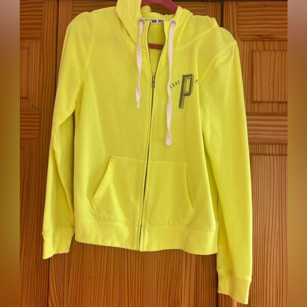 PINK Love PINK Neon Yellow Zip-Up Hoodie Victoria’s Secret Vintage Size Medium - Picture 5 of 6